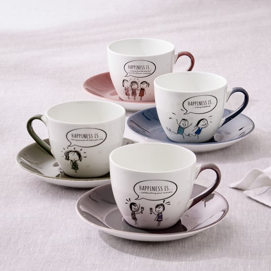 Melina Leonard Set of 4 Bone China Printed Cup and Saucer - 210ml