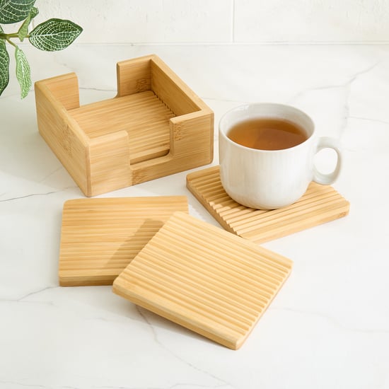 Regal Luxe Bloom Set of 5 Bamboo Ribbed Coasters with Holder
