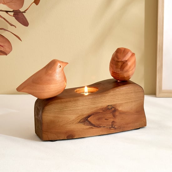 Fawn Wooden Twin Birds T-Light Holder