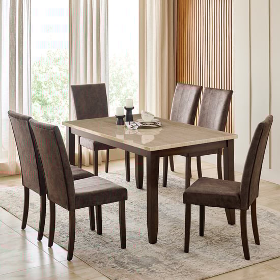 Helios Casper Faux Marble Top 6-Seater Dining Set with Chairs - Brown
