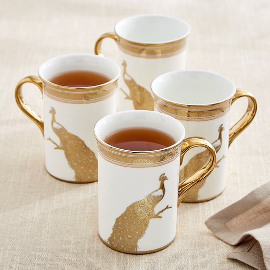 Ebony Annie Set of 4 Bone China Peacock Print Coffee Mugs - 390ml