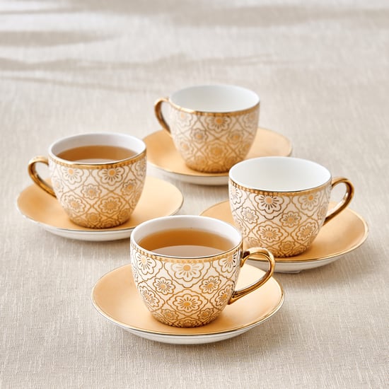 Mandarin Iris Hoja Set of 4 Bone China Printed Cup and Saucer -180ml