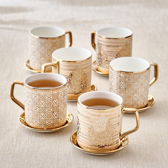 Mandarin Iris Hoja Set of 6 Bone China Printed Cup and Saucer - 220ml