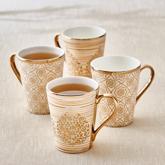 Mandarin Iris Hoja Zing Set of 4 Bone China Printed Coffee Mug - 320ml