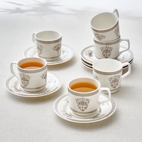 Noori Platina Set of 6 Bone China Printed Cup and Saucer - 190ml