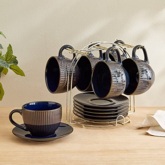 Caraway Somber Set of 6 Stoneware Cups and Saucers with Metal Stand - 220ml