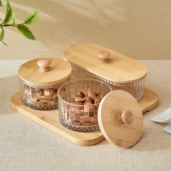 Vamos Louisa Set of 3 Glass Serving Bowls with Bamboo Tray