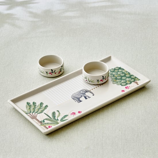 Niko 3Pcs Stoneware Printed Serving Platter with Dip Bowls