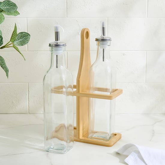 Regal Luxe Verbia Set of 2 Glass Oil Dispensers with Bamboo Stand - 260ml