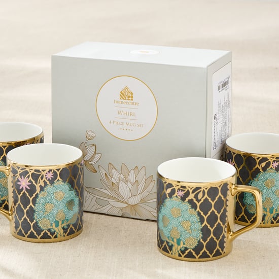 Whirl Director Set of 4 Bone China Printed Coffee Mugs - 220ml