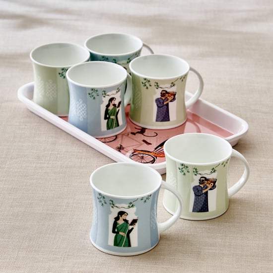 Jalsa Set of 6 Bone China Printed Coffee Mugs with Serving Tray - 200ml
