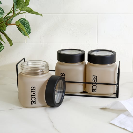 Stack Onyx Set of 3 Glass Spice Jars with Metal Stand - 300ml