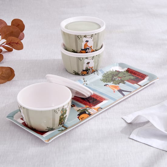 Jalsa Set of 3 Melamine Printed Candy Bowls with Tray - 300ml
