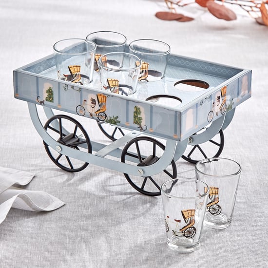 Jalsa Auric 7Pcs Glass Printed Cutting Chai Cups with Thela Stand - 160ml