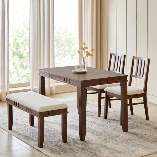 Trio Solid Wood 4-Seater Dining Set with Chairs and Bench - Walnut