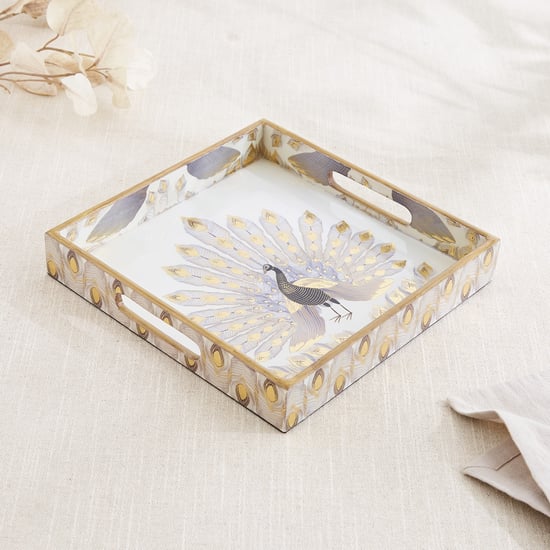 Corsica Hues Wooden Peacock Serving Tray - 24x24x4.5cm