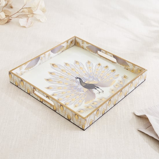 Corsica Hues Wooden Peacock Serving Tray - 30.5x30.5x4.5cm