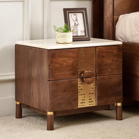 Nuqta Italian Marble Top Bedside Table with Drawers - Walnut