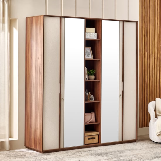 Shoji 4-Door Wardrobe with Curio and Mirrors - Brown