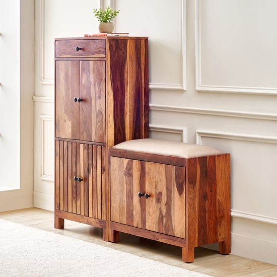 Adana Grand Sheesham Wood 30 Pairs Shoe Cabinet with Cushion Seat and Drawer - Brown