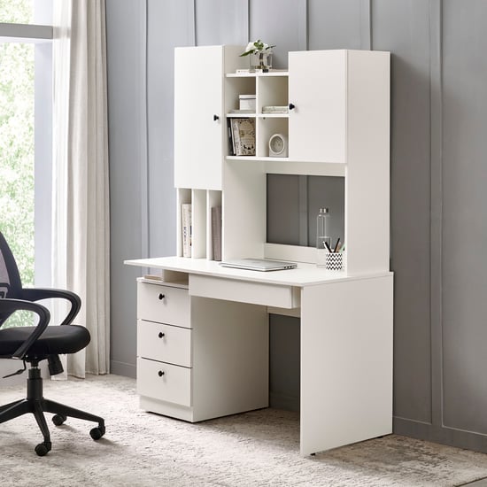 Helios Madison Study Desk with Tall Hutch and Drawers - White