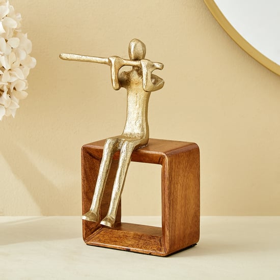 Splendid Dastkari Keith Mango Wood and Aluminium Man Playing Flute Figurine