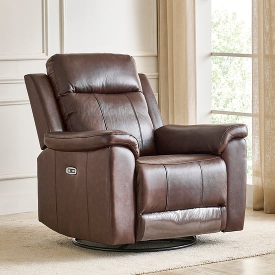 Nevil Half Leather 1-Seater Swivel Electric Recliner - Brown