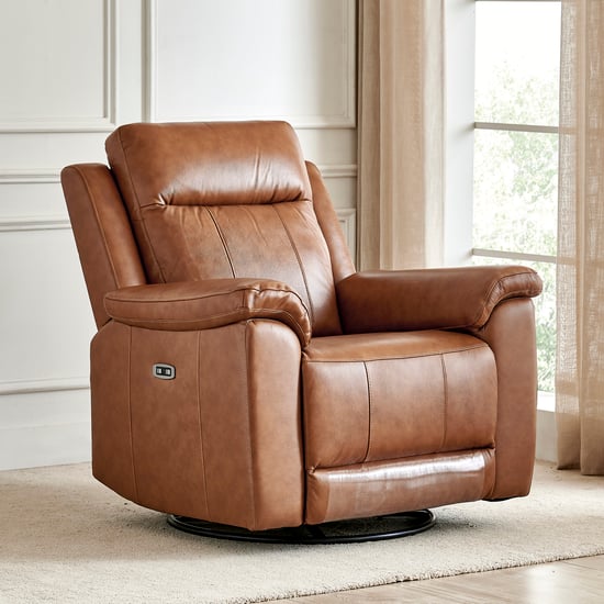 Nevil Half Leather 1-Seater Swivel Electric Recliner - Tan