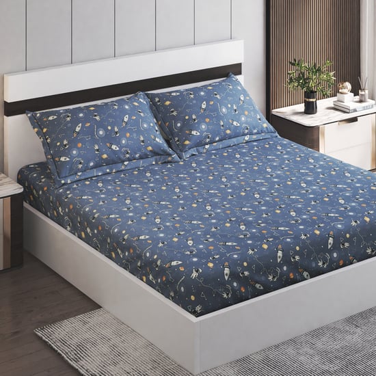 Slate Kids Cotton 180TC Astronaut Print 3Pcs Queen Bedsheet Set