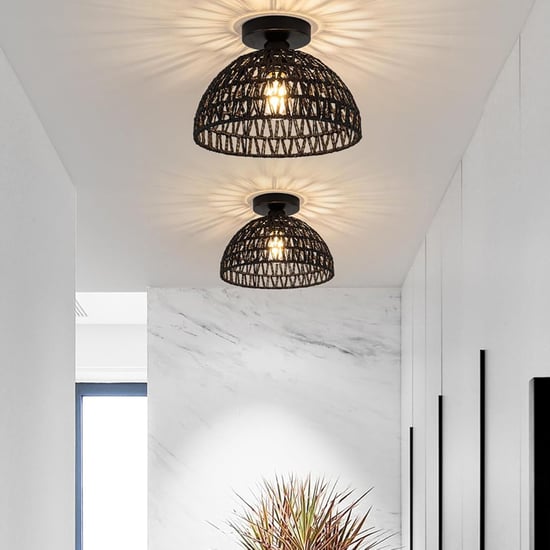 HOMESAKE Rattan Dual Ring Semi-Flush Mount Ceiling Lamp
