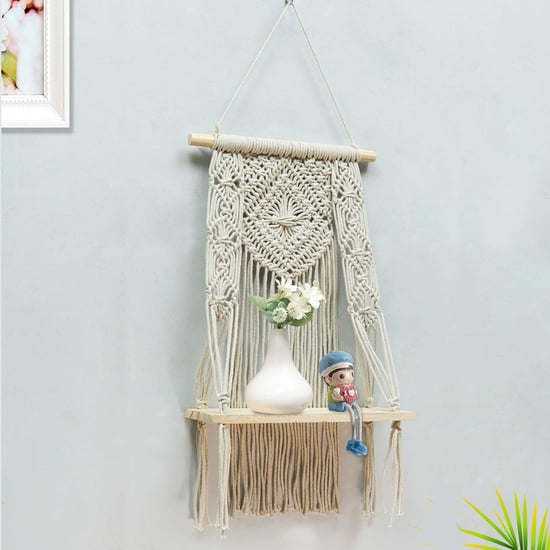 HOMESAKE Solid Wood Macrame Wall Hanging Shelf