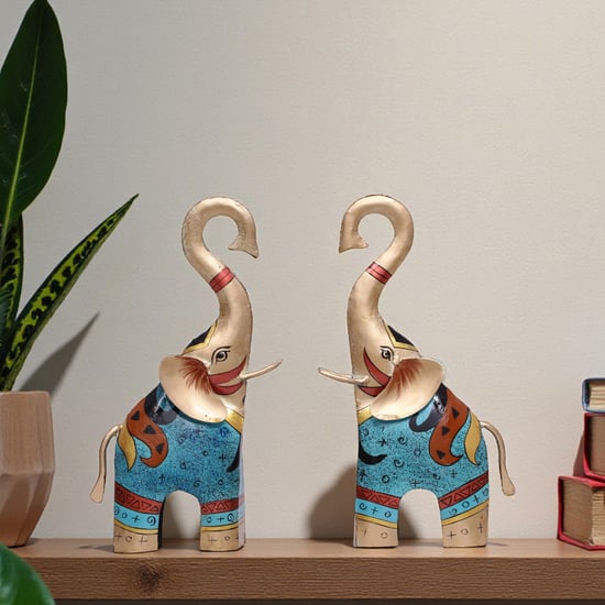 VEDAS Mystical Indian Myron Metal Set of 2 Elephant Table Accents