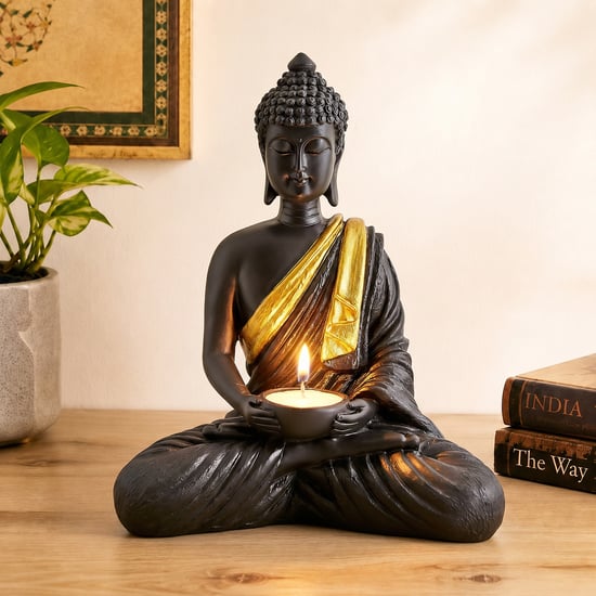 Corsica Elba Polyresin Sitting Buddha Figurine with T-Light Holder