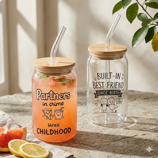 Infinity Rakhi Set of 2 Borosilicate Glass Tumblers with Straws and Lid - 350ml