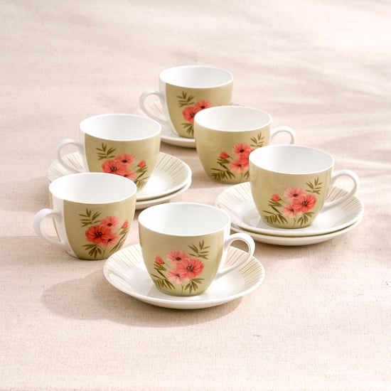 Mandarin Botanica Set of 6 Bone China Printed Cups and Saucers Set - 210ml