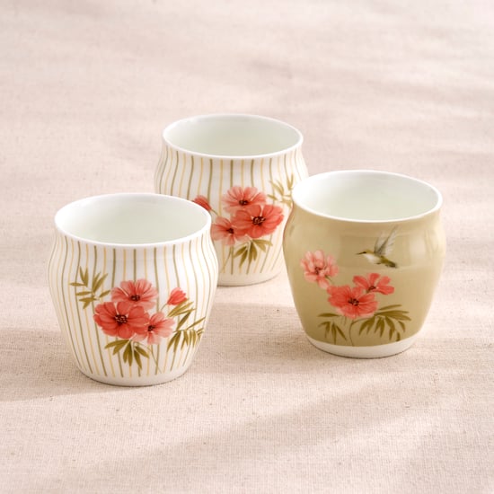 Mandarin Botanica Set of 3 Bone China Floral Print Kulhads - 240ml