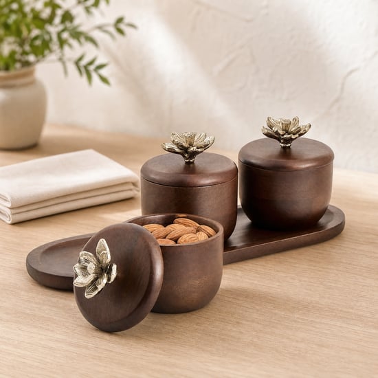 Nuqta Gifts Flora Set of 3 Mango Wood Bowls with Tray