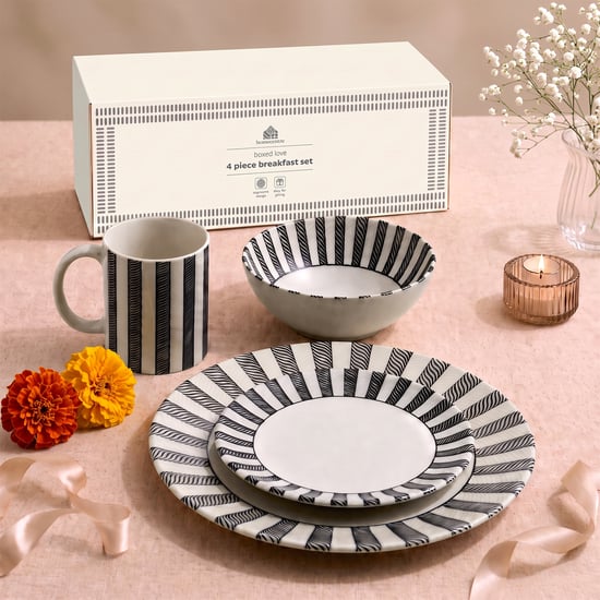 Boxed Love Breakfast 4-Piece Porcelain Striped Crockery Set
