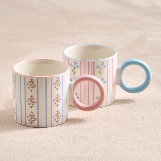 Blooming Stripe Set of 2 Bone China Floral Print Mugs - 320ml