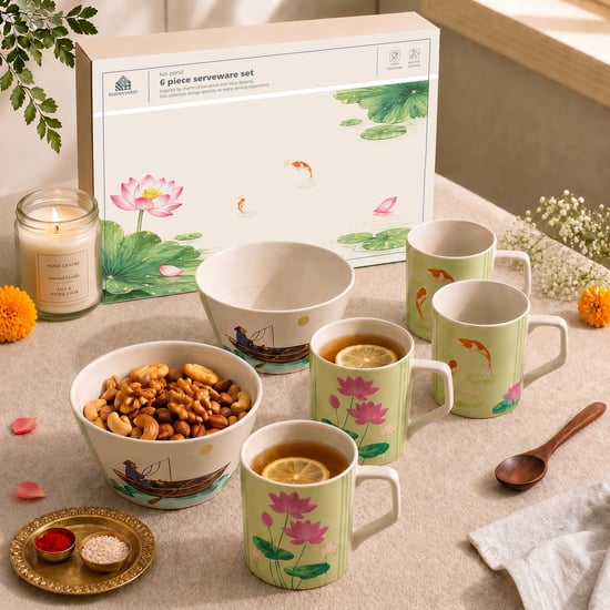 Koi Pond 6Pcs Stoneware Printed Mug and Bowl Set