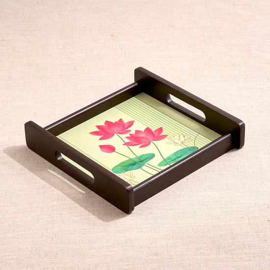Koi Pond Wooden Floral Print Serving Tray - 26x26x5cm