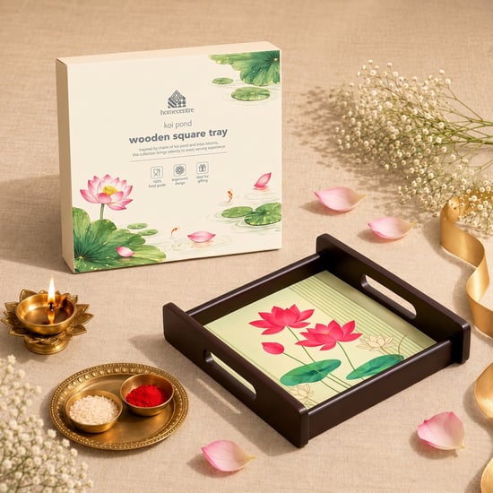 Koi Pond Wooden Floral Print Serving Tray - 26x26x5cm