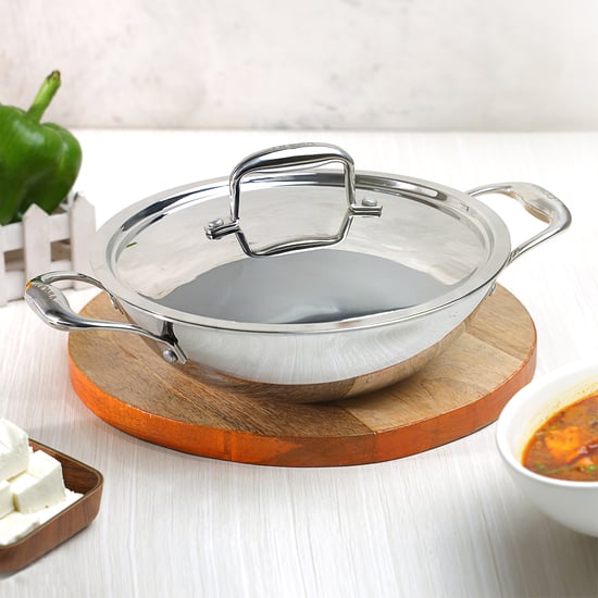 VINOD Platinum Triply Stainless Steel Kadhai with Lid - 3.2L