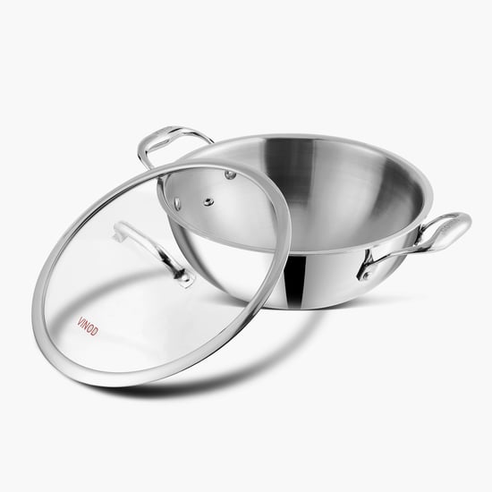VINOD Platinum Triply Stainless Steel Deep Kadhai with Lid - 1.2L