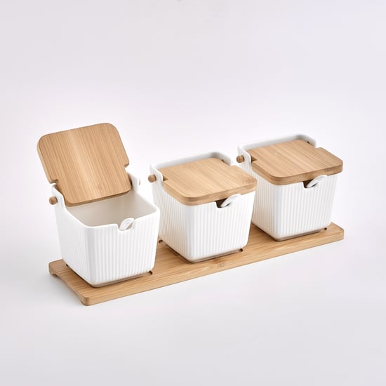 Natural Edit Set of 3 Porcelain Spice Jars with Tray and Spoons - 300ml