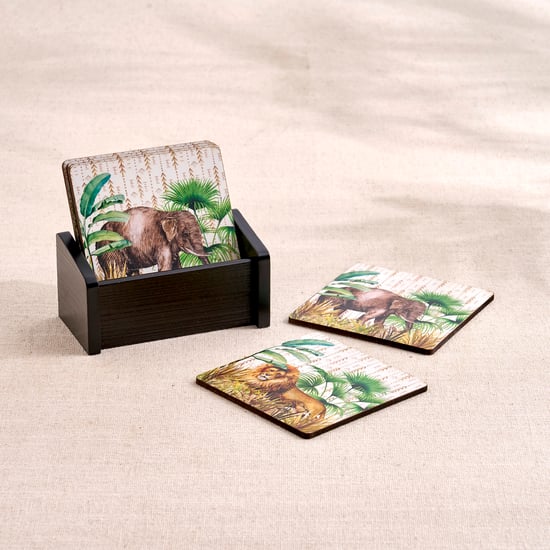 Oakland Safari Set of 6 Wooden Printed Coasters with Holder