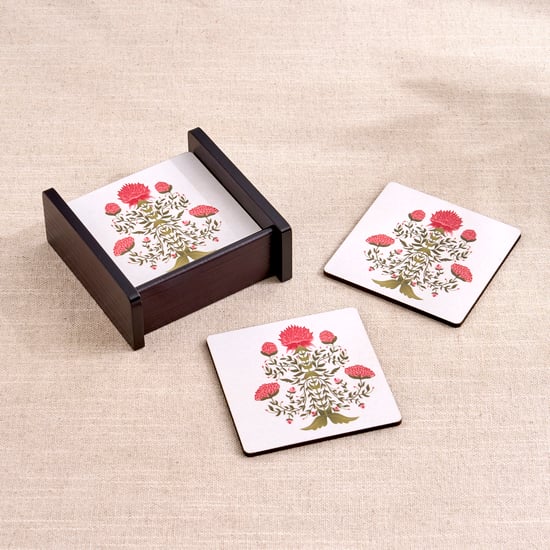 Oakloand Set of 6 Wooden Floral Print Coasters with Holder