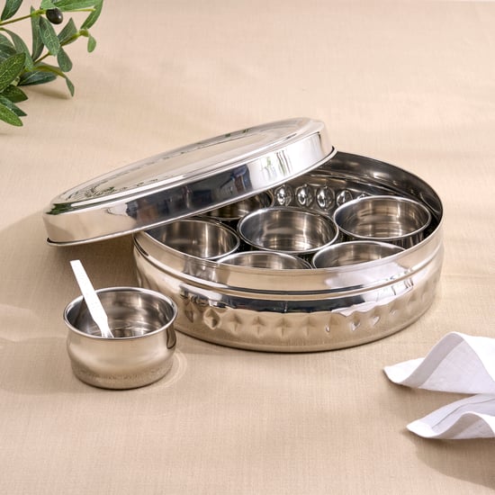 Glovia Weston Stainless Steel Masala Box with Vatis and Spoons