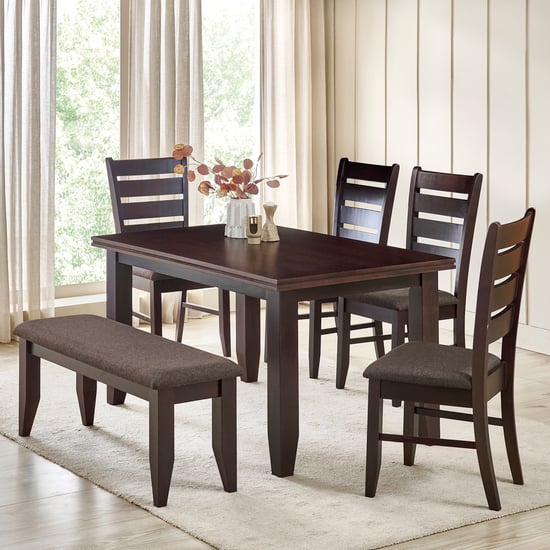 Helios Magnus Mahogany Wood Top 6-Seater Dining Set with Chairs and Bench - Walnut