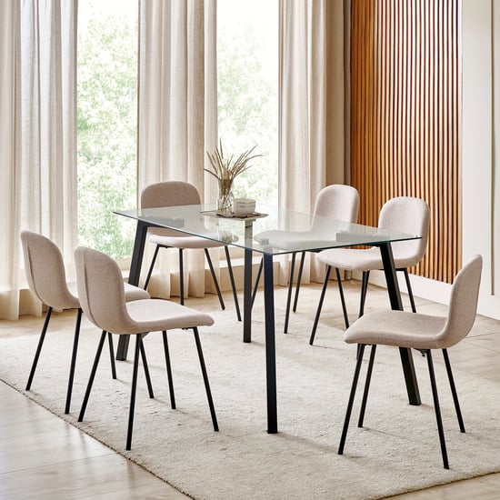 Helios Paul NXT Tempered Glass Top 6-Seater Dining Set with Chairs - Beige